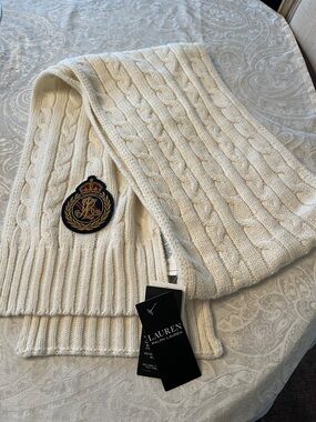 Lauren Ralph Lauren Cream Cable Knit Scarf with Crest Patch